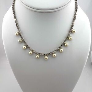 Silver Toned Rhinestone Faux Pearl Necklace/Choker By Gale